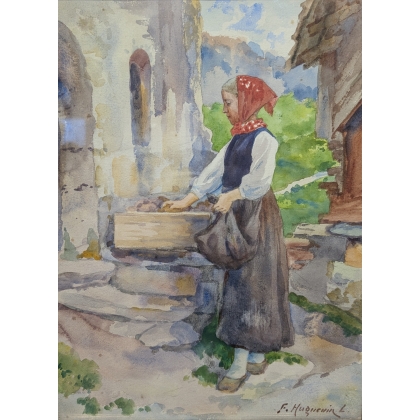 Aquarelle "Valaisanne" signé F. HUGUENIN L