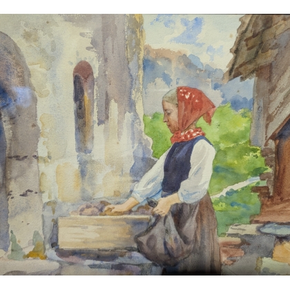 Aquarelle "Valaisanne" signé F. HUGUENIN L