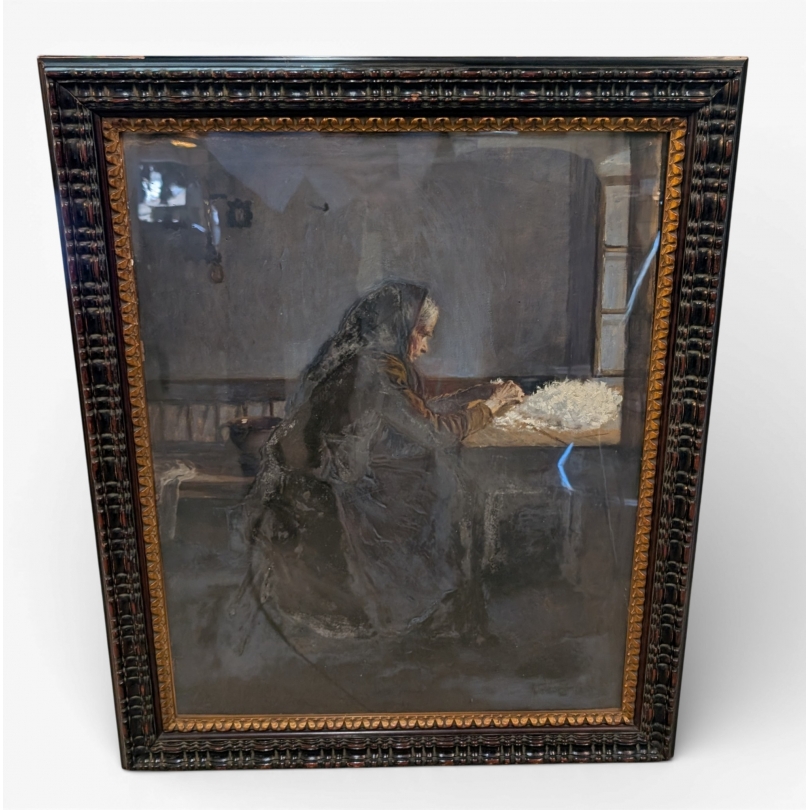 Tableau "Femme à la laine" signé