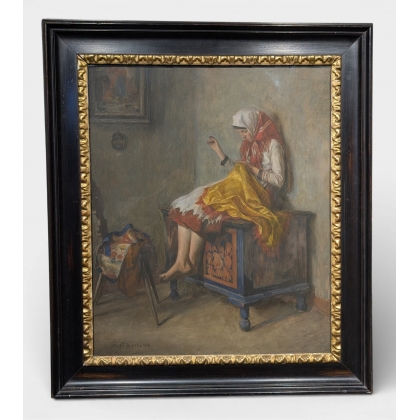 Tableau \"Jeune femme à la couture\" signé