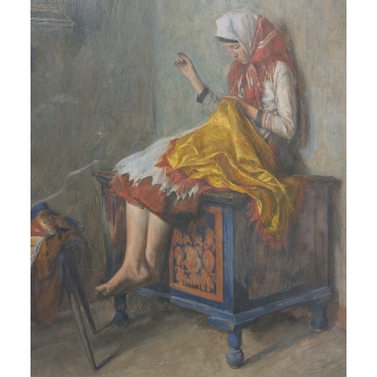 Tableau \"Jeune femme à la couture\" signé