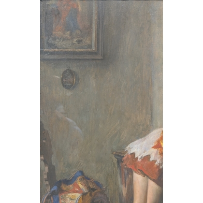 Tableau \"Jeune femme à la couture\" signé