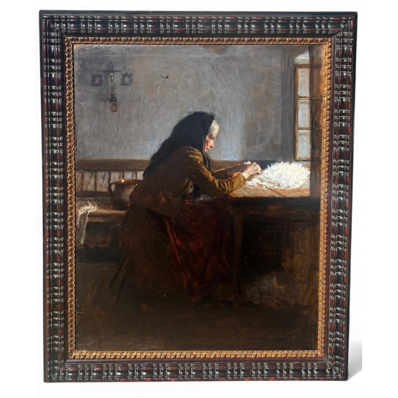Tableau \"Femme à la laine\" signé