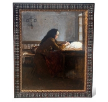 Tableau "Femme à la laine" signé