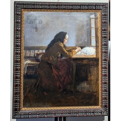 Tableau \"Femme à la laine\" signé