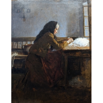 Tableau \"Femme à la laine\" signé