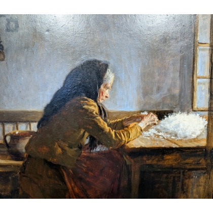 Tableau \"Femme à la laine\" signé