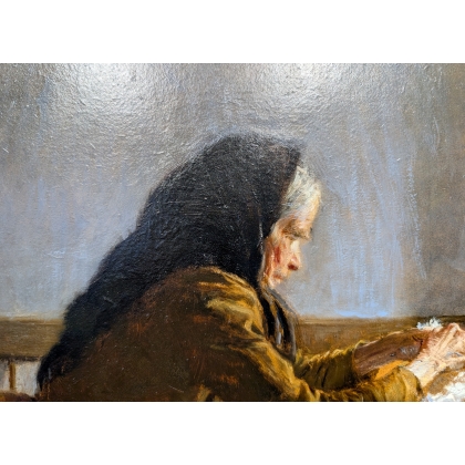 Tableau \"Femme à la laine\" signé