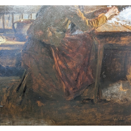 Tableau \"Femme à la laine\" signé