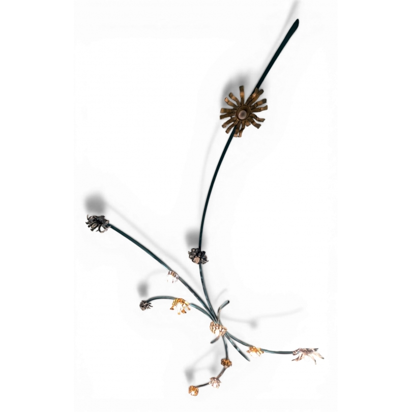 Plafonnier "Fleurs" en métal bleu et tôle jaune