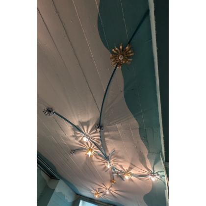 Plafonnier "Fleurs" en métal bleu et tôle jaune