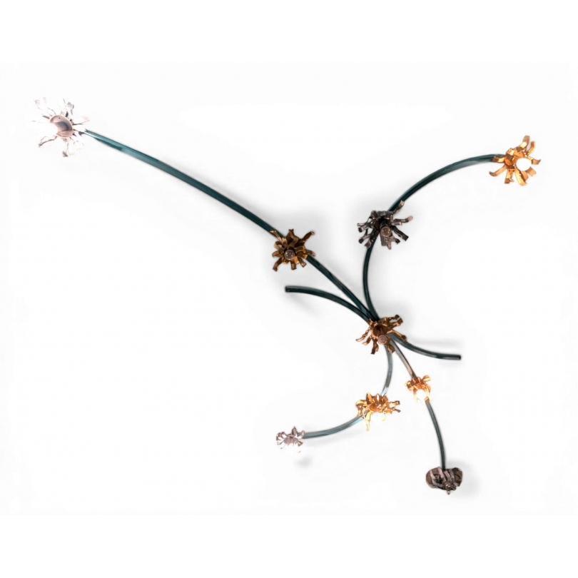 Plafonnier "Fleurs" en métal bleu et tôle jaune