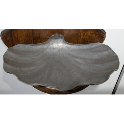 Wall-mounted pewter fish fountain, with an oak frame
