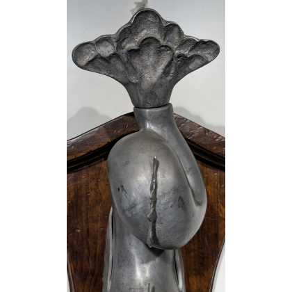 Wall-mounted pewter fish fountain, with an oak frame