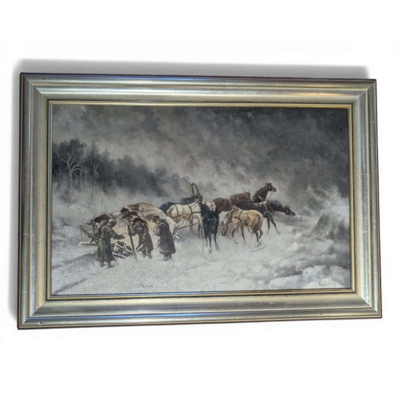 Tableau \"La tempête de neige\" signé C. STOILOFF