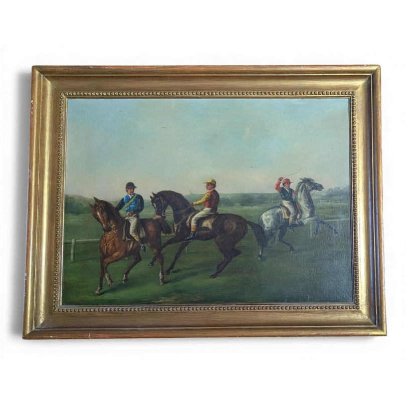 Tableau \"Trois Jockeys\" signé J. BARENGER