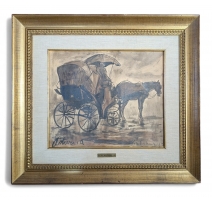 Aquarelle sépia "Charette sous la pluie" ASTURI