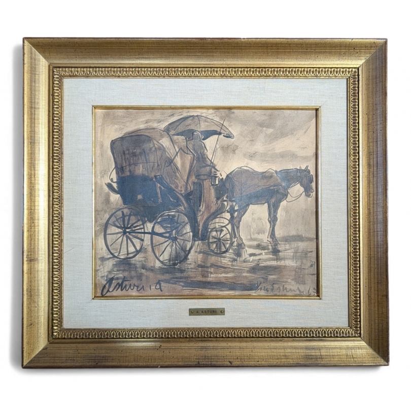 Aquarelle sépia "Charette sous la pluie" ASTURI