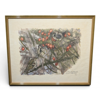 Gravure "Moineaux dans l'églantier" signée HAINARD