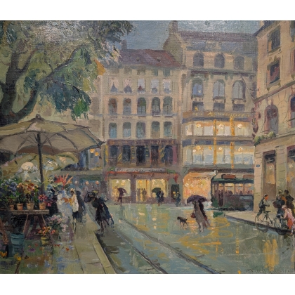 Tableau \"Place du marché\" signé BAUDIT
