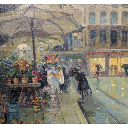 Tableau \"Place du marché\" signé BAUDIT