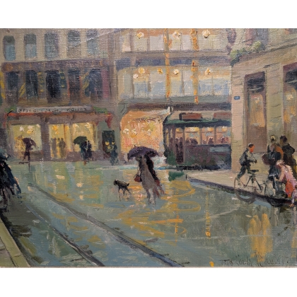 Tableau \"Place du marché\" signé BAUDIT