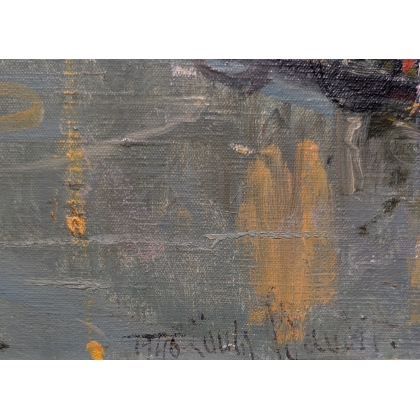 Tableau \"Place du marché\" signé BAUDIT