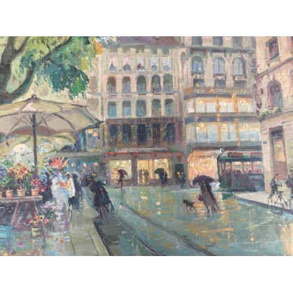Tableau \"Place du marché\" signé BAUDIT