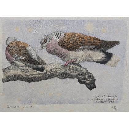 Gravure "Tourterelles", signée  sur Moinat SA  - Antiquités décoration -  Gravures, Lithos