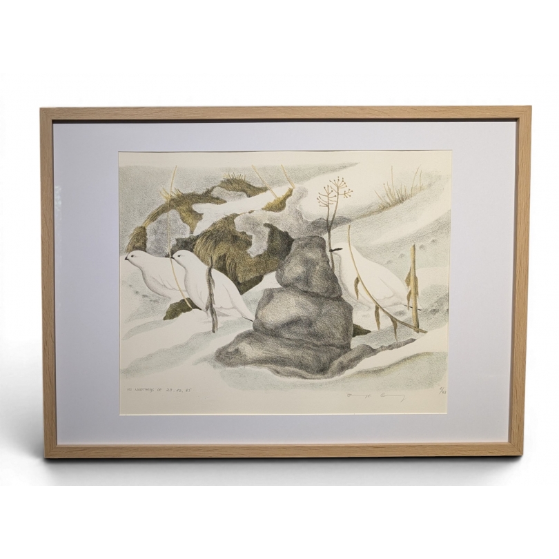 Gravure "Lagopèdes alpins l'hiver" signée COSANDEY