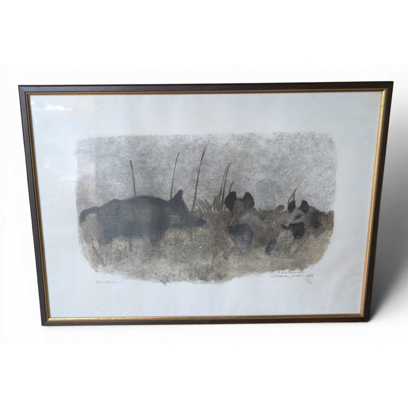 Gravure "Sangliers, clair de lune" signée HAINARD
