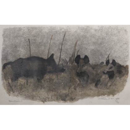 Gravure "Sangliers, clair de lune" signée HAINARD