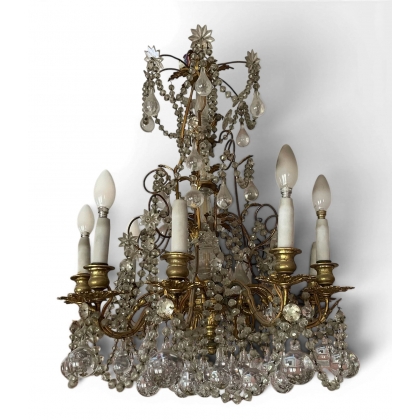 Lustre en bronze doré à cristaux avec 10 lumières