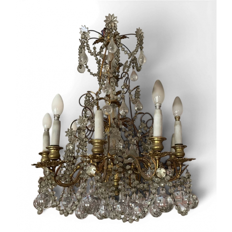 Lustre en bronze doré à cristaux avec 10 lumières
