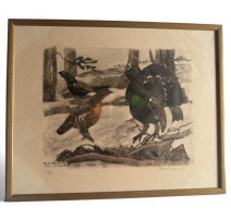 Gravure "Coq, poule et jeune coq" signée HAINARD