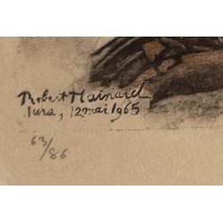 Gravure "Coq, poule et jeune coq" signée HAINARD
