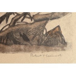 Gravure "Coq, poule et jeune coq" signée HAINARD