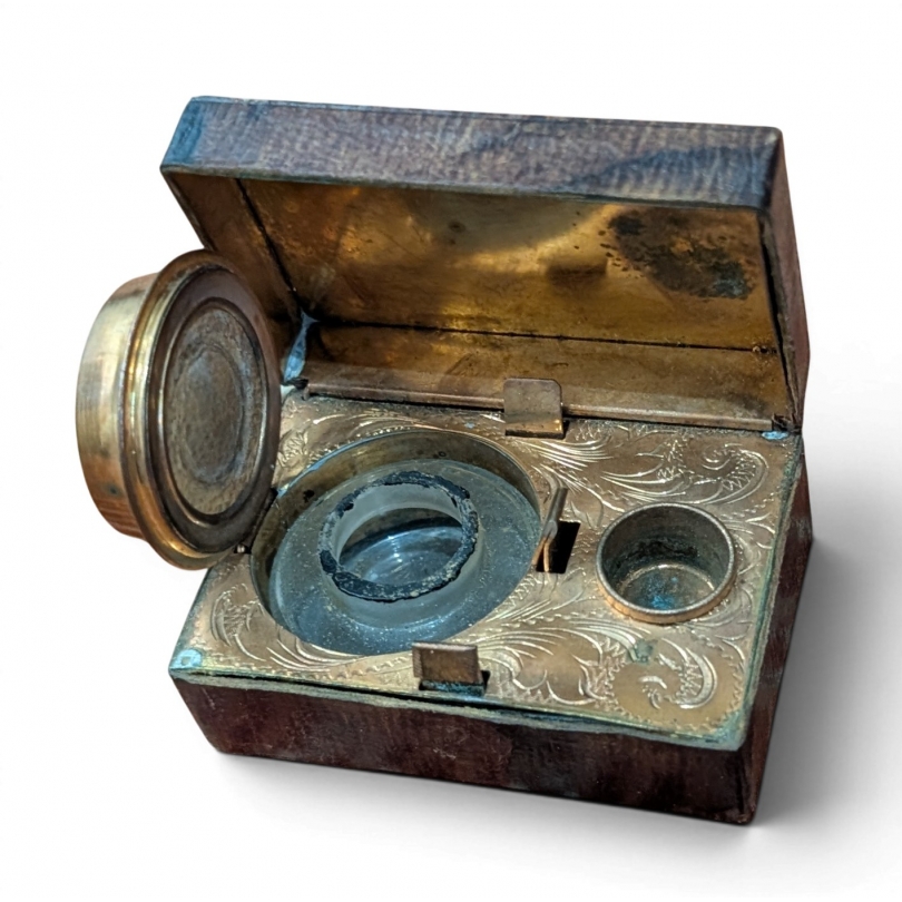 Copper and leather travel inkwell
