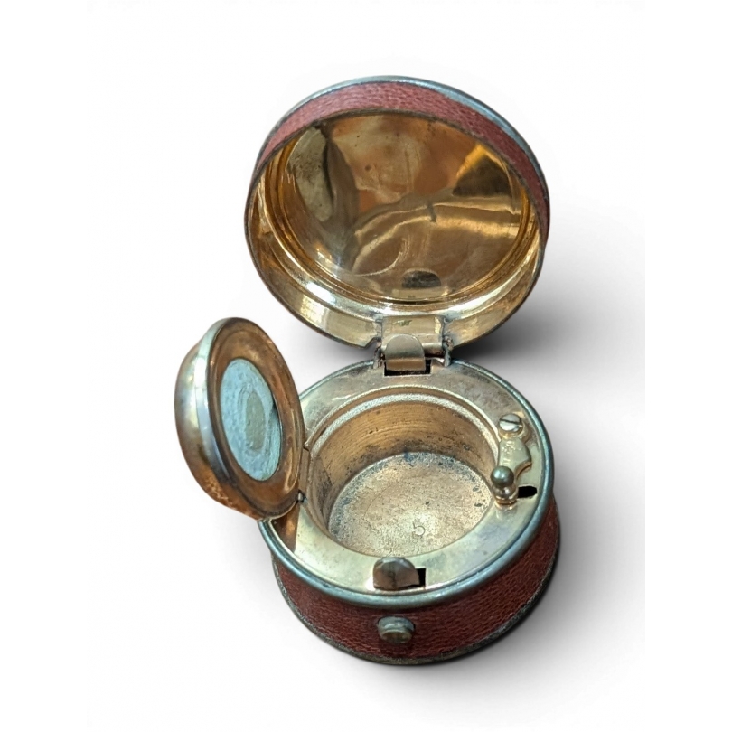 Brass and leather travel inkwell