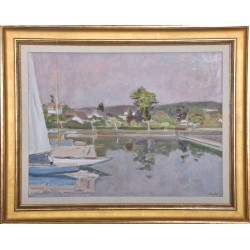 Tableau \"Chantier naval à Rolle\" signé CHINET