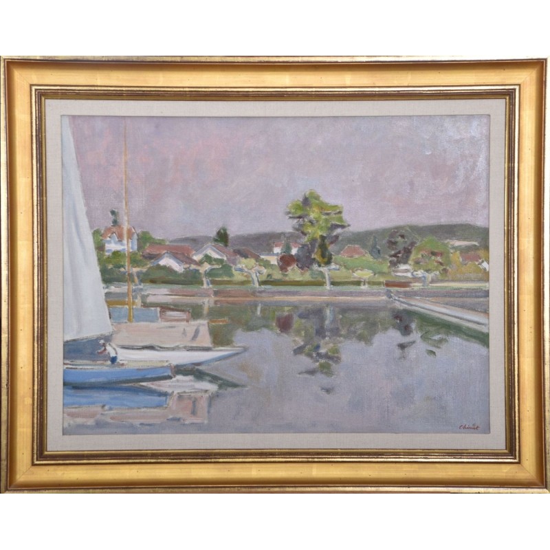 Tableau "Chantier naval à Rolle" signé CHINET