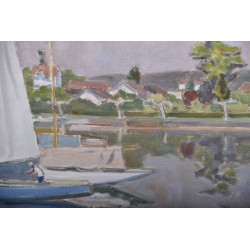 Tableau "Chantier naval à Rolle" signé CHINET