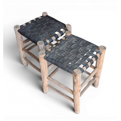 Tabouret en bois et cuir tressé