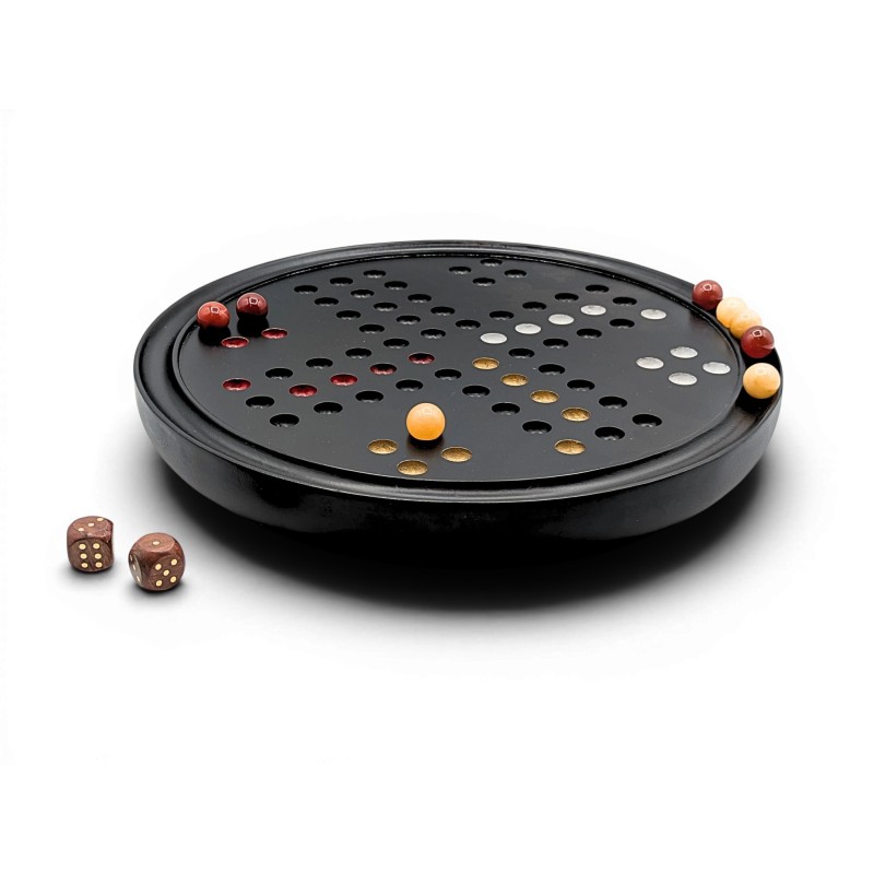 Black wooden Ludo set with stone pieces