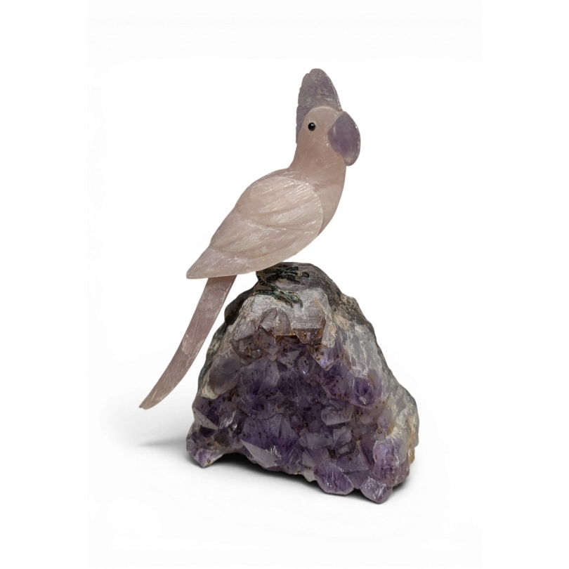 Perroquet en quartz rose sur une améthyste