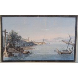 Gravure aquarellée "Saint-Prex" par HACKERT 1783