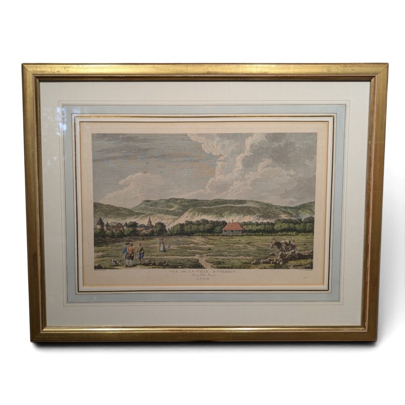 Gravure aquarellée "Yverdon" par LE BARBIER