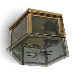 Plafonnier hexagonal en laiton, verre gravé