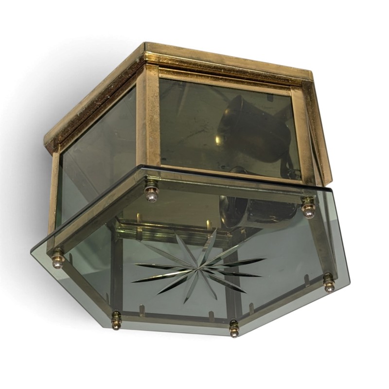 Plafonnier hexagonal en laiton, verre gravé