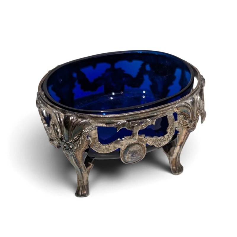 Salière en argent et coupelle en verre cobalt